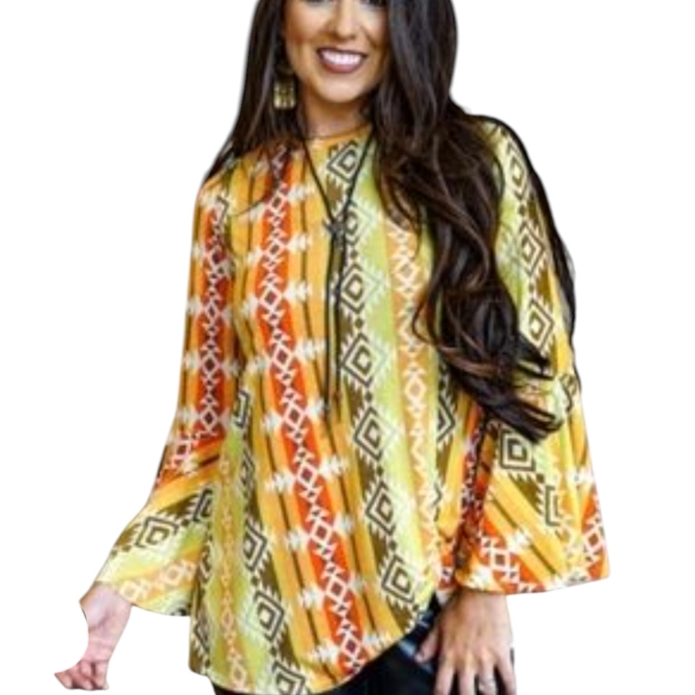 L & B Aztec Bright Print Knit Tunic Top Bell Sleeves Angel Sleeves sz S - Picture 8 of 10